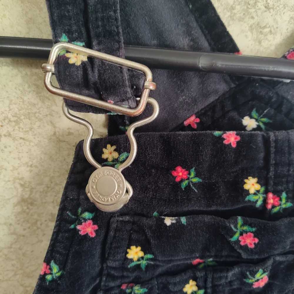 Vintage Gymboree 1998 Black Floral Velveteen Pocket Bib Overalls Size 4-5